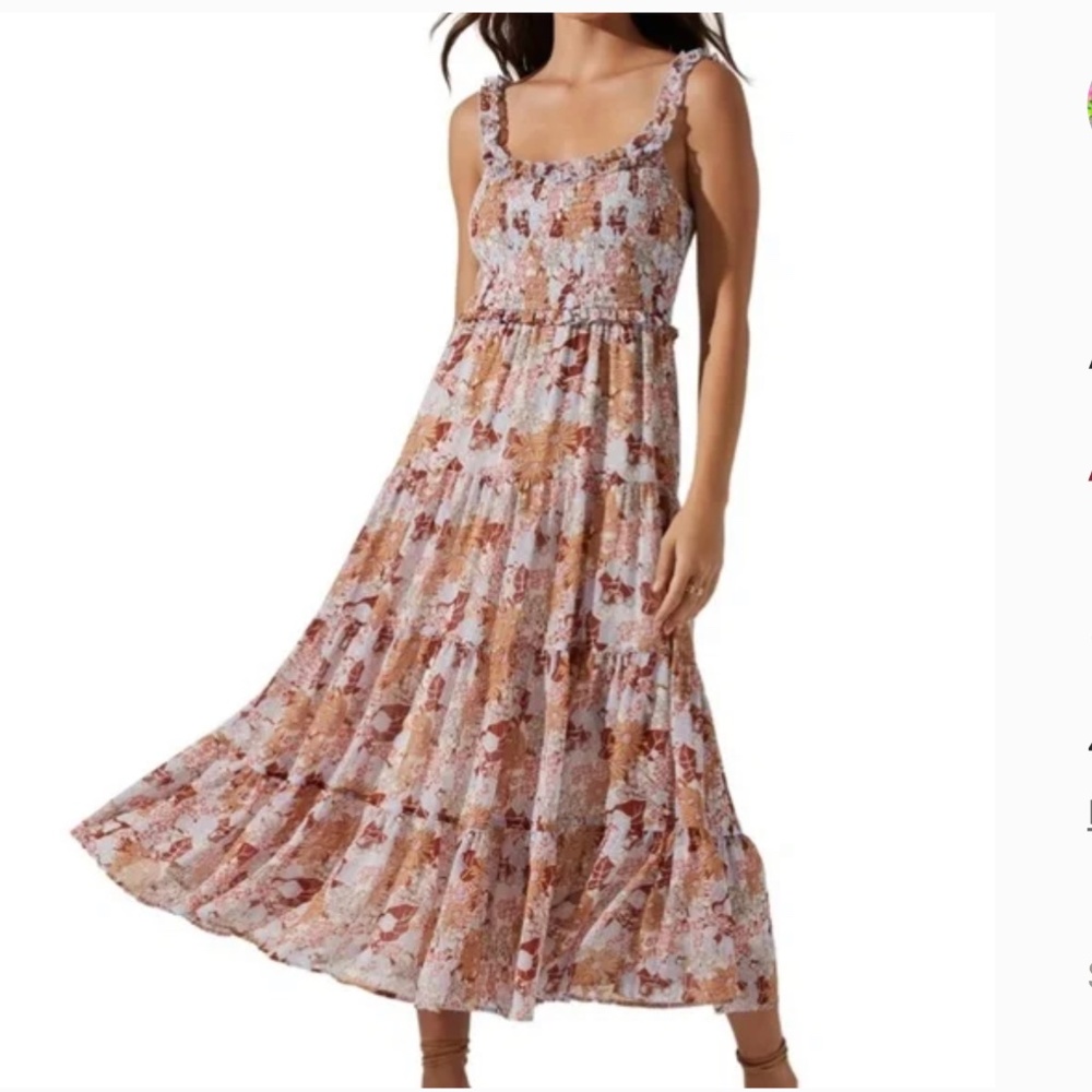 Astr the Label Floral Smocked Tiered Midi Dress Size M Rust Blue Floral
